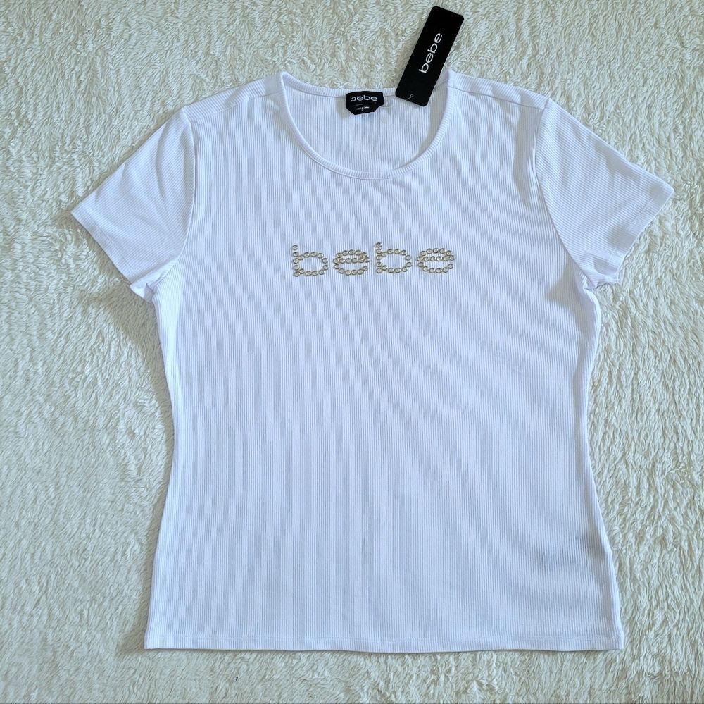 bebe White Ribbed Top with Clear Rhinestones💎 - NWT
